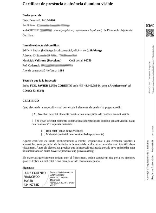 Certificado de Amianto en Barcelona 2 Certificado de Amianto